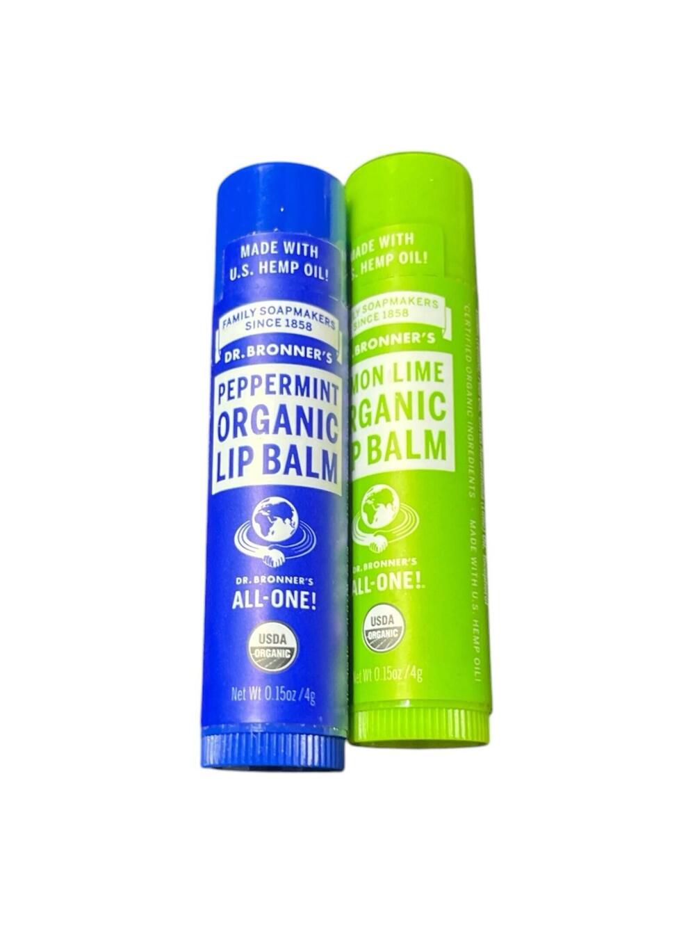 Dr. Bronner's Organic Lip Balm Lot of 2 Peppermint & Lemon Lime 0.15 oz New